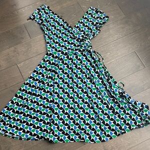 Maggy London Asymmetrical Dress in Blue and Green Geometric Print